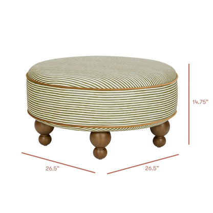 Babyletto round ottoman with green and white striped fabric and wooden ball feet with dimensions