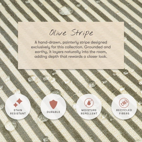 Babyletto olive stripe fabric swatch with water droplets and icons for stain resistant durable moisture repellent fibers