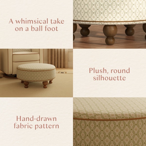 Babyletto round ottoman with patterned fabric and wooden ball feet