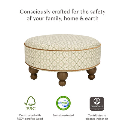Babyletto round ottoman with patterned fabric and wooden ball feet featuring FSC CertiPUR-US and Greenguard Gold logos