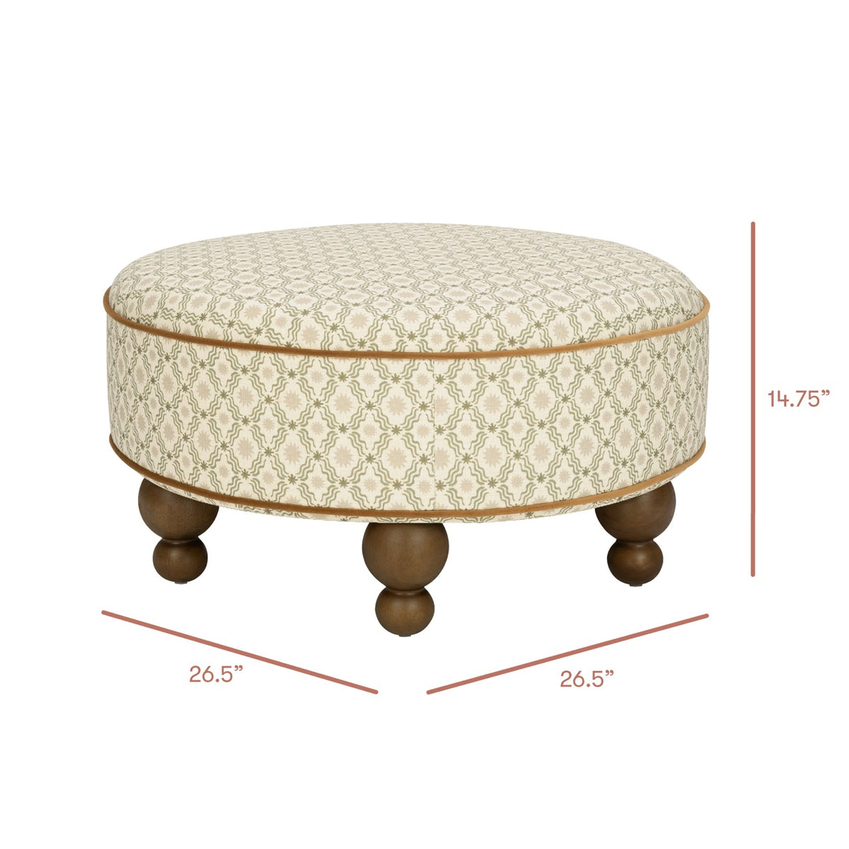 Babyletto round patterned ottoman with dimensions 26.5 inches wide and 14.75 inches high