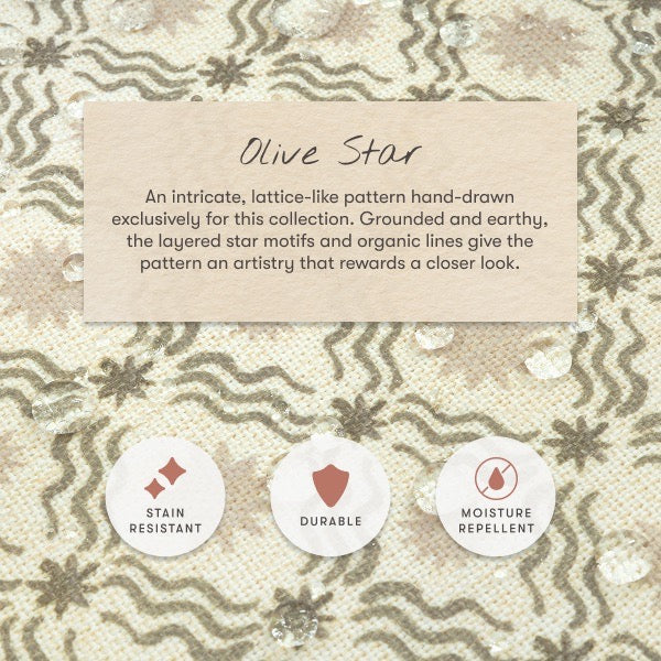 Babyletto Olive Star fabric pattern with stain resistant durable and moisture repellent icons