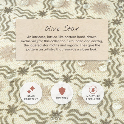 Babyletto Olive Star fabric pattern with stain resistant durable and moisture repellent icons