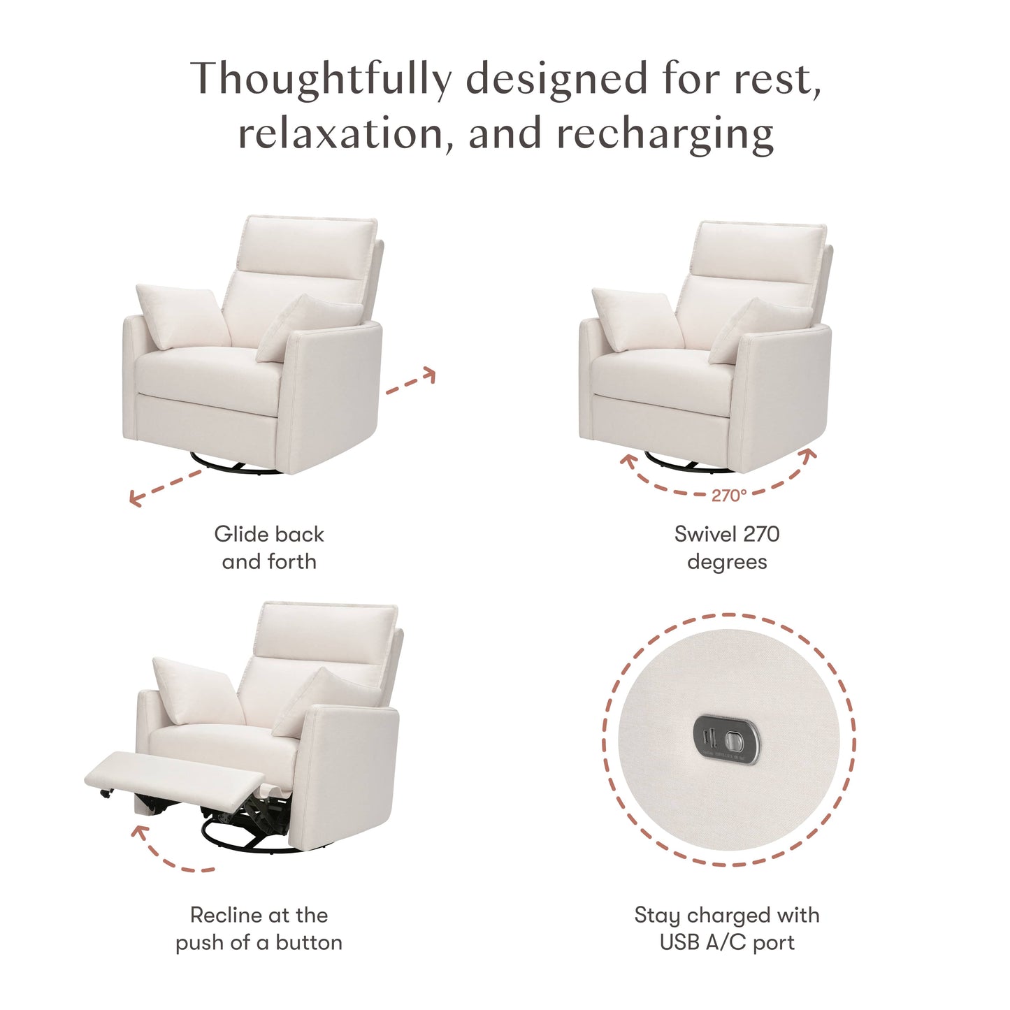 Babyletto Nori Extra Wide Electronic Recliner and Swivel Glider with USB port - Performance Cream Eco-Weave