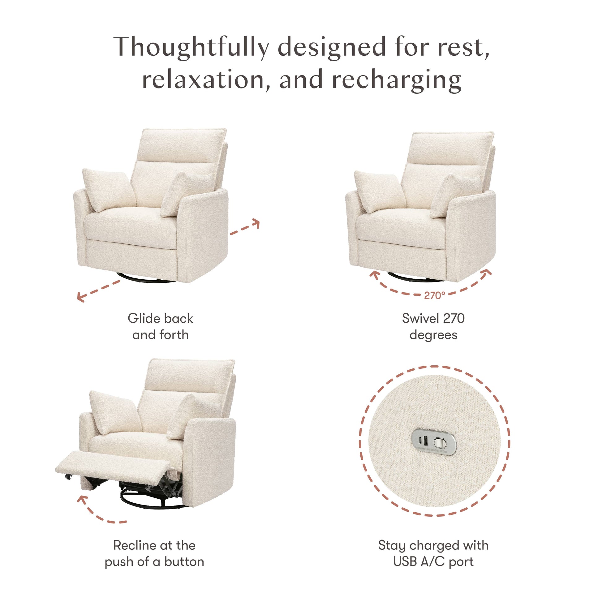 Babyletto Nori Extra Wide Electronic Recliner and Swivel Glider with USB port - Performance Ivory Boucle
