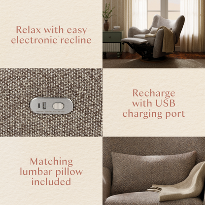 Babyletto recliner features electronic recline, USB charging port, and matching lumbar pillow