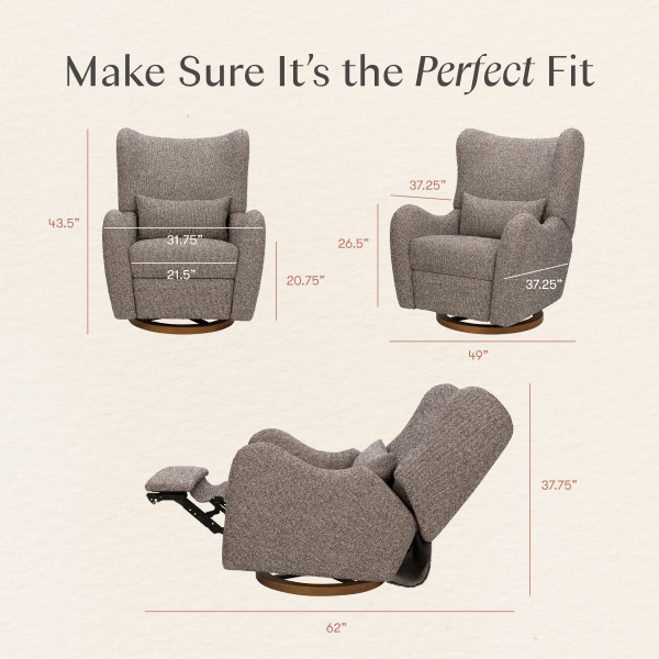 Babyletto swivel glider dimensions diagram showing front side and reclined views with measurements