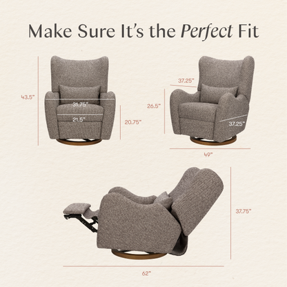 Babyletto swivel glider dimensions diagram showing front side and reclined views with measurements