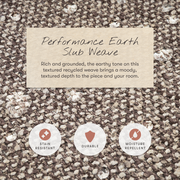 Babyletto performance earth slub weave fabric with water droplets and icons for stain resistant durable and moisture repellent