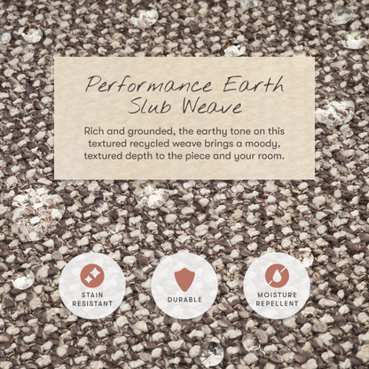Babyletto performance earth slub weave fabric with water droplets and icons for stain resistant durable and moisture repellent