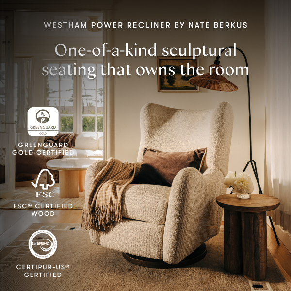 Babyletto Westham power recliner with certifications displayed