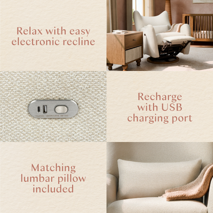 Babyletto recliner features electronic recline, USB charging port, and matching lumbar pillow