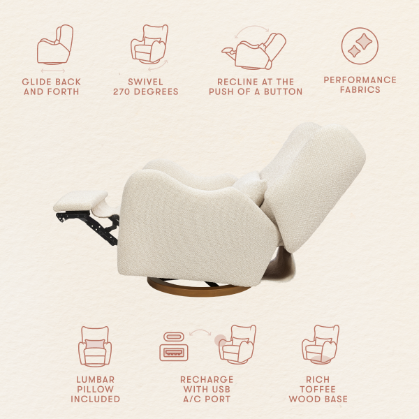 Babyletto recliner features glide swivel recline performance fabric lumbar pillow USB port and toffee wood base