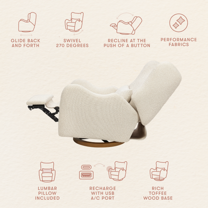 Babyletto recliner features glide swivel recline performance fabric lumbar pillow USB port and toffee wood base