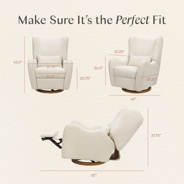 Babyletto recliner dimension diagram showing front side and reclined views with measurements