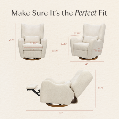 Babyletto recliner dimension diagram showing front side and reclined views with measurements