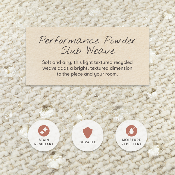 Babyletto performance powder slub weave fabric with water droplets and icons for stain resistant durable and moisture repellent