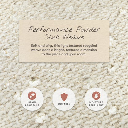 Babyletto performance powder slub weave fabric with water droplets and icons for stain resistant durable and moisture repellent