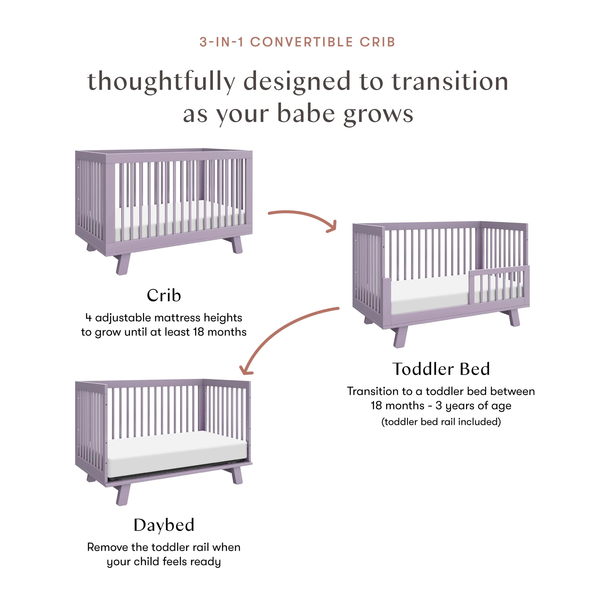Babyletto Hudson 3-in-1 Convertible Crib with Toddler Bed Conversion Kit - Lilac