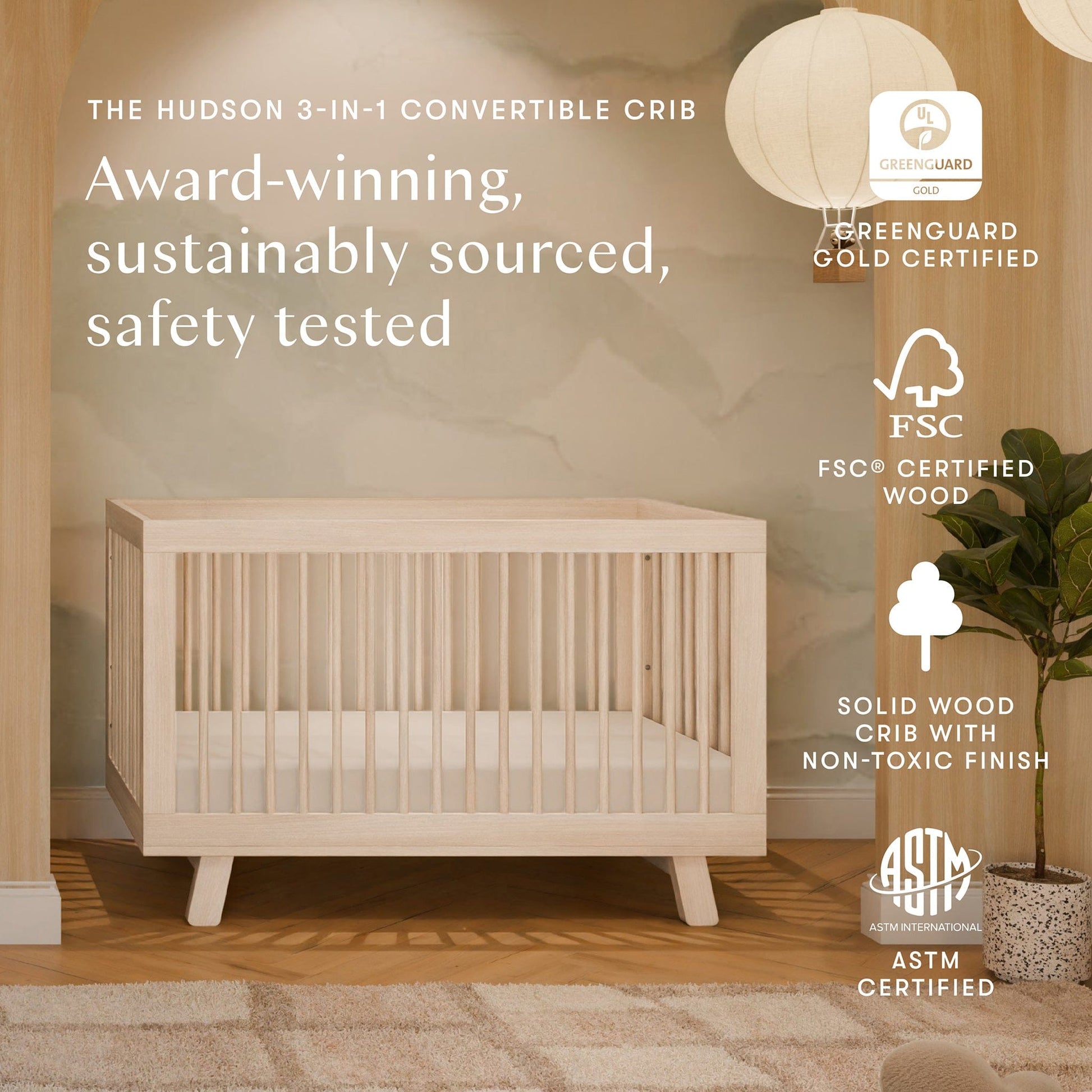 Babyletto Hudson 3-in-1 Convertible Crib with Toddler Bed Conversion Kit - Washed Natural - M4201NX