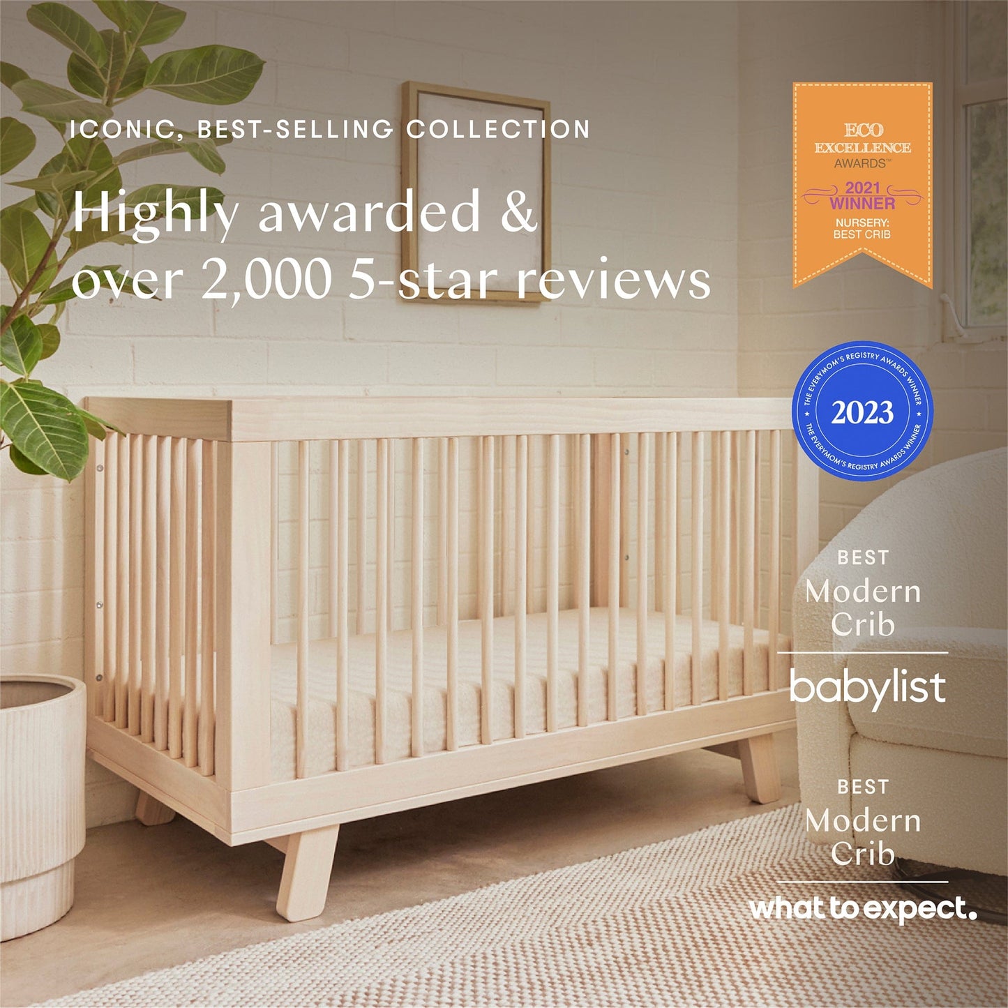 Babyletto Hudson 3-in-1 Convertible Crib with Toddler Bed Conversion Kit - Washed Natural - M4201NX