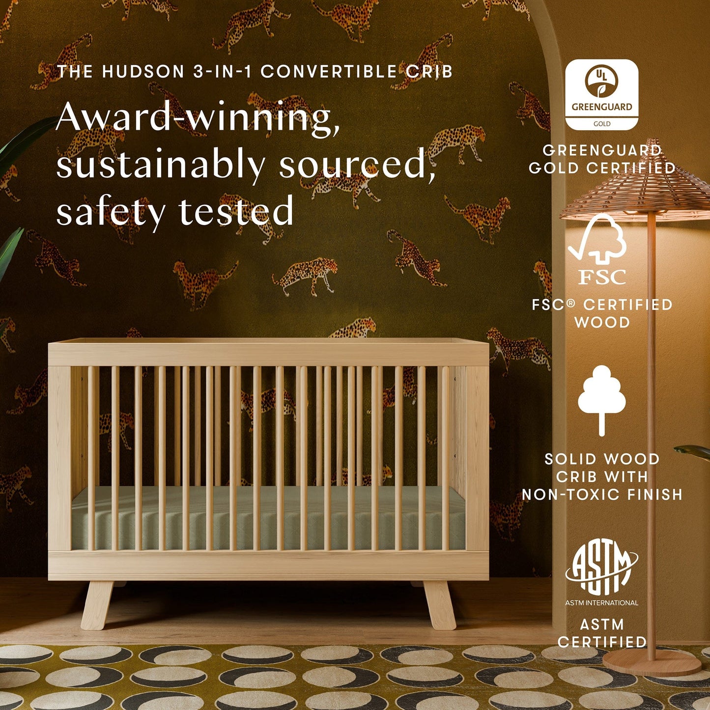 Babyletto Hudson 3-in-1 Convertible Crib with Toddler Bed Conversion Kit - Natural - M4201N