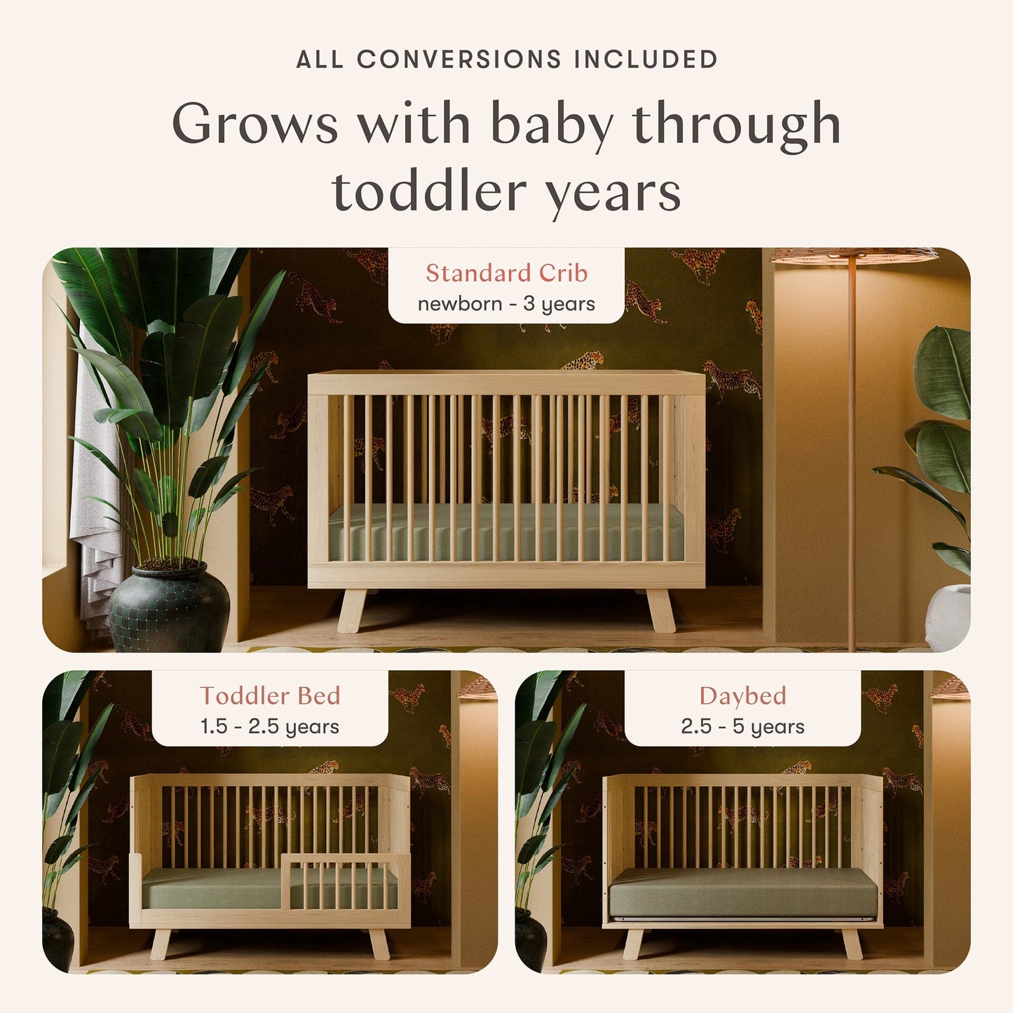 Babyletto Hudson 3-in-1 Convertible Crib with Toddler Bed Conversion Kit - Natural - M4201N