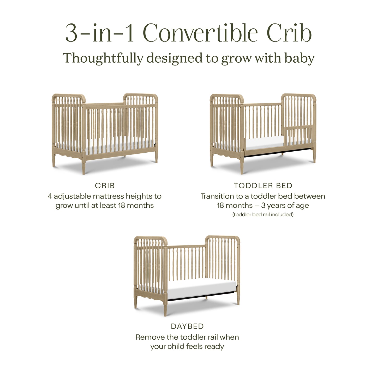 Namesake Liberty 3-in-1 Convertible Spindle Crib with Toddler Bed Conversion Kit - Washed Pine