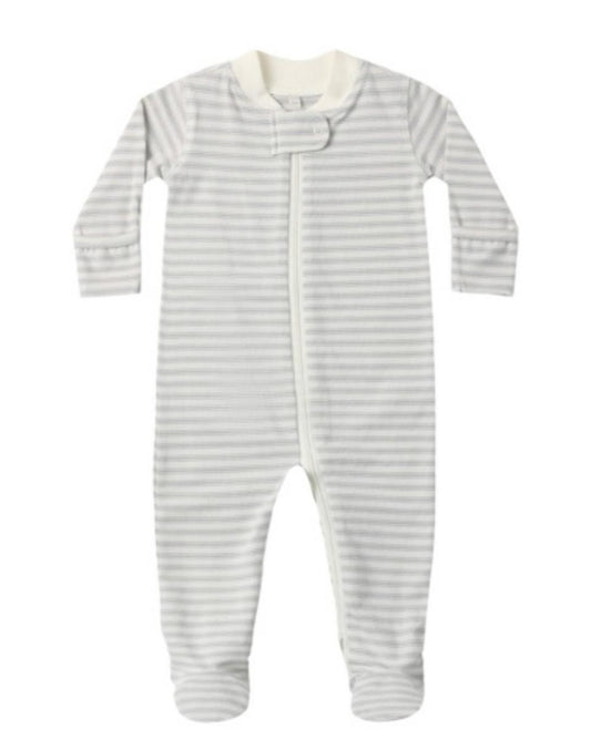 Grey and white striped long sleeve baby footie pajamas with a front zipper closure