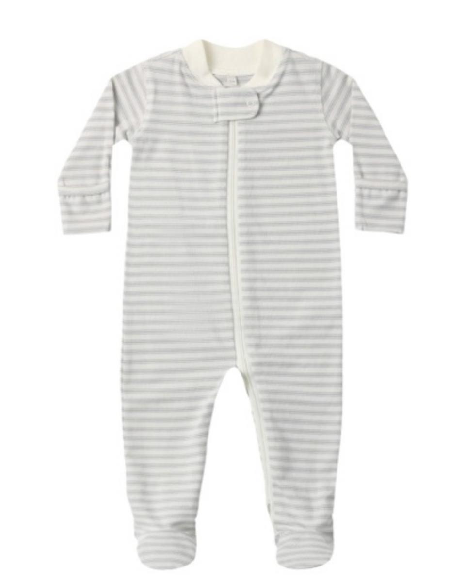 Grey and white striped baby footie pajamas with a front zipper closure