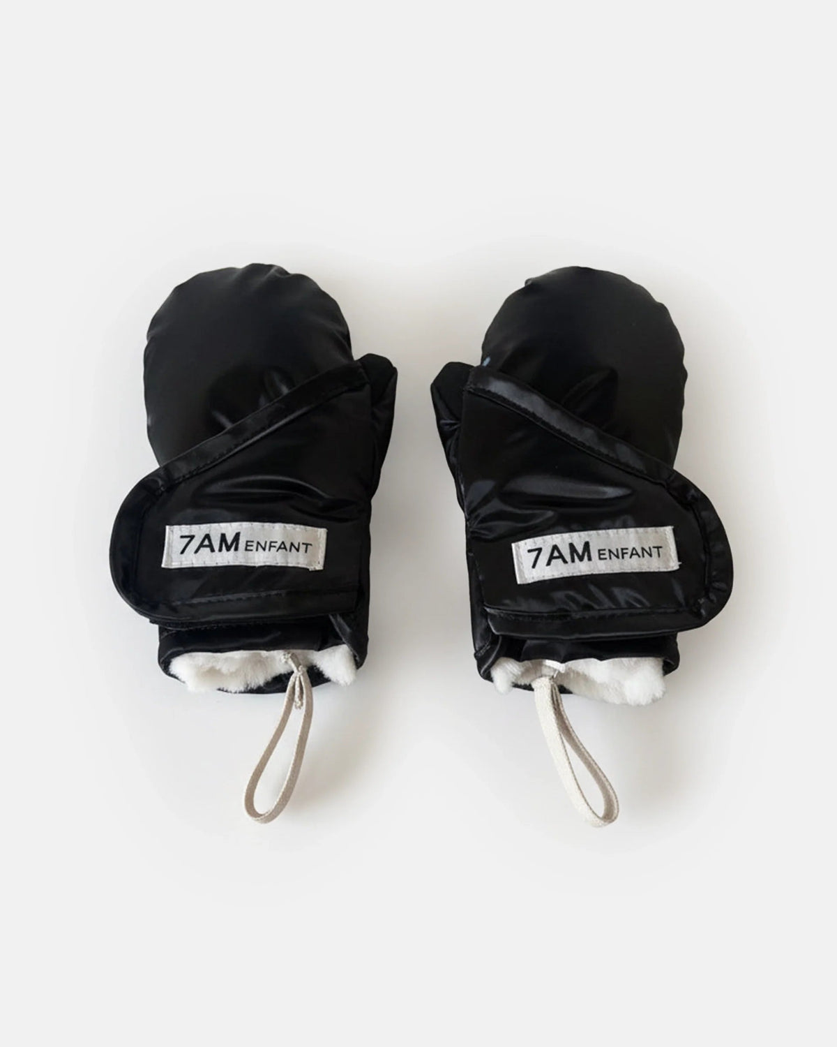 7AM Enfant Mittens Ushuaia - Black Liquid Shine / Arctic White Faux Fur, 6-12M