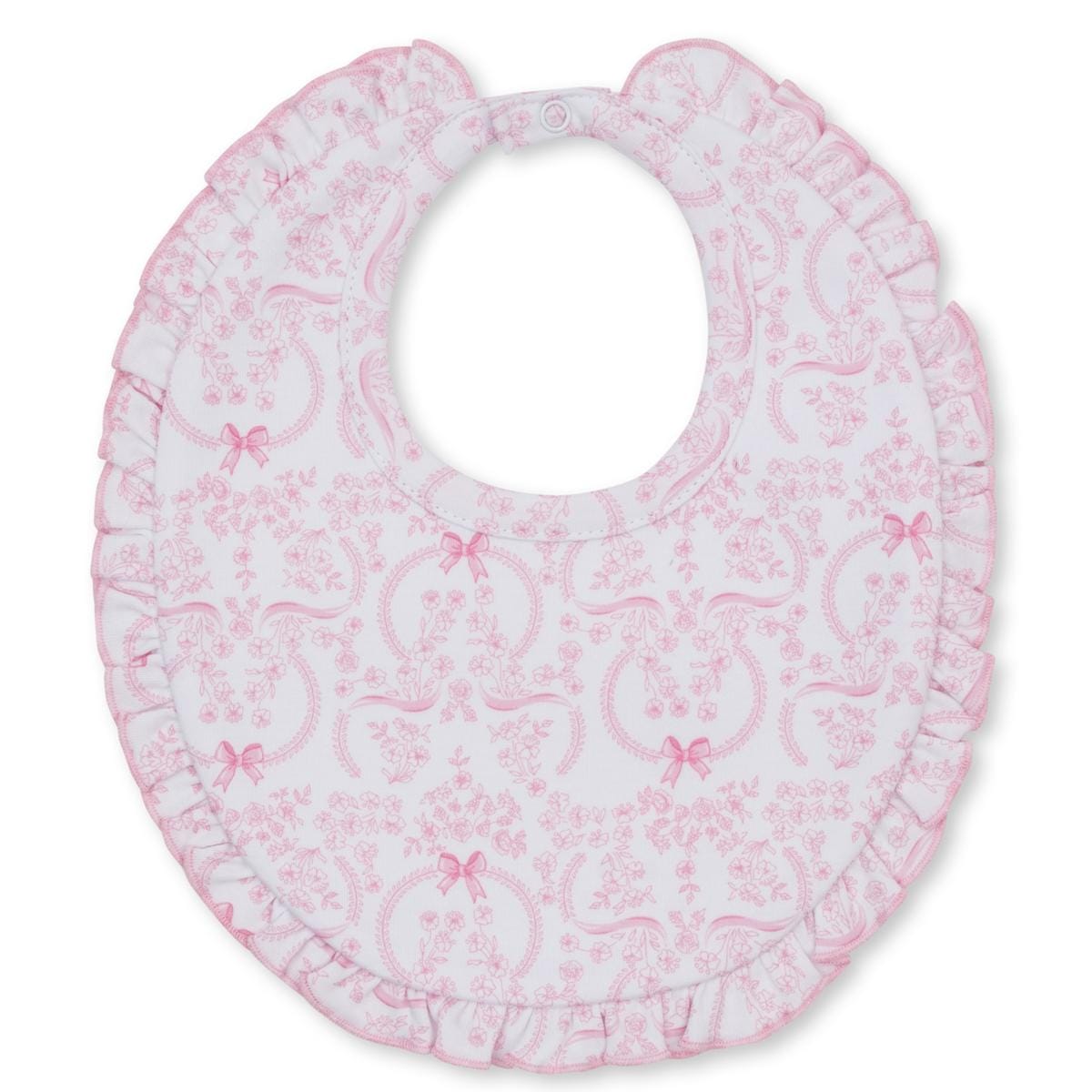Kissy Kissy white baby bib with pink floral and bow print and ruffled trim