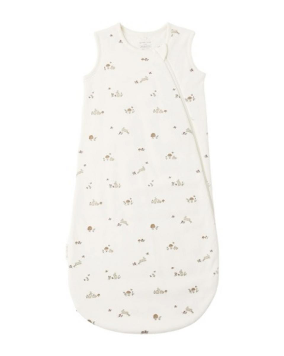 Quincy Mae sleeveless sleep bag in cream with a brown rabbit and mushroom print