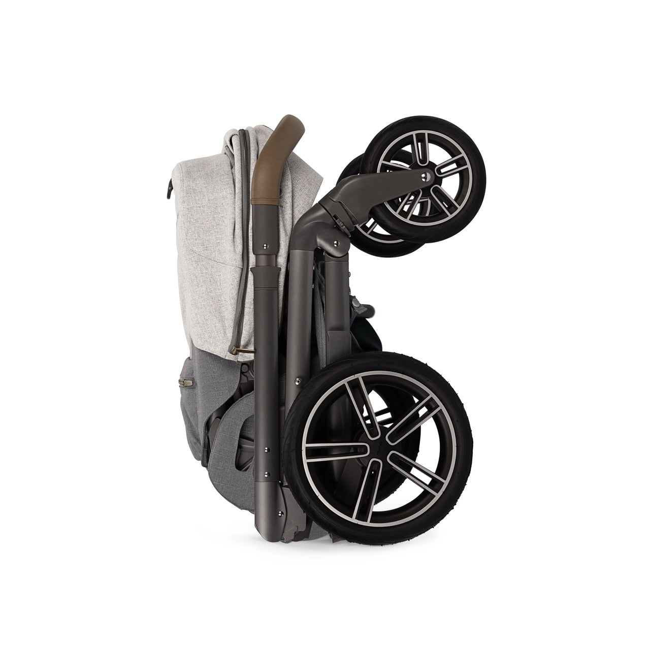 Nuna stroller folded in a compact upright position