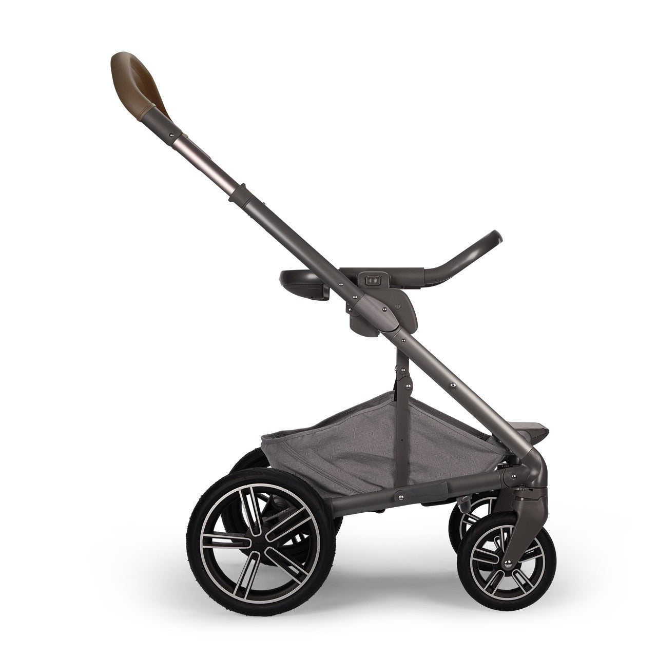 Nuna stroller frame with grey fabric storage basket and brown leatherette handle