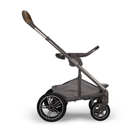 Nuna stroller frame with grey fabric storage basket and brown leatherette handle