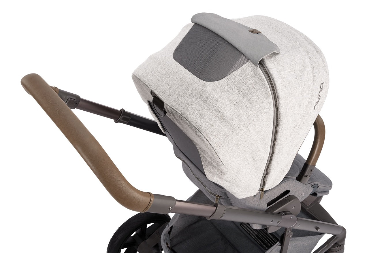 Nuna stroller canopy with mesh ventilation window and leatherette handlebar