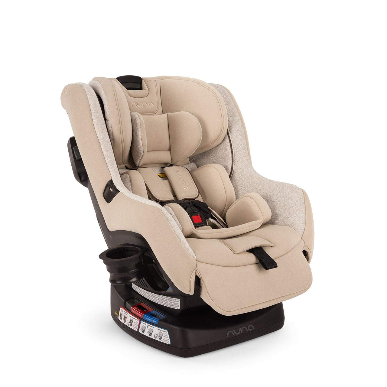 Nuna convertible car seat in beige with five point harness and cup holder