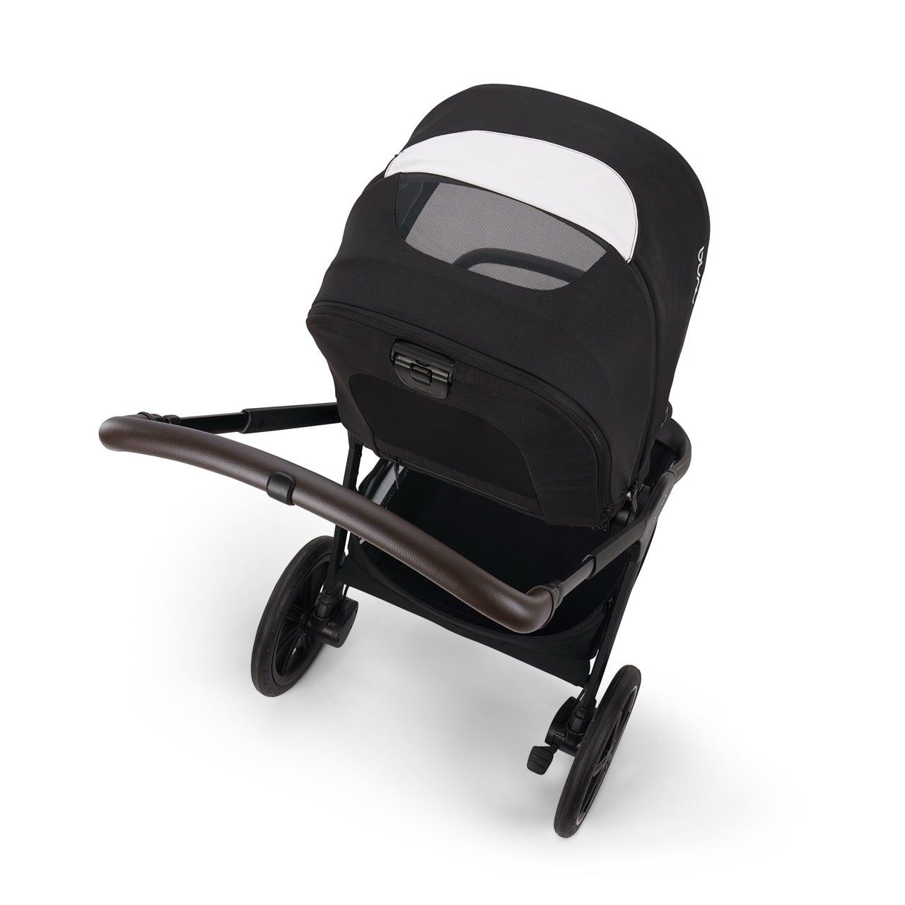Nuna stroller with black canopy and brown leather handle viewed from above