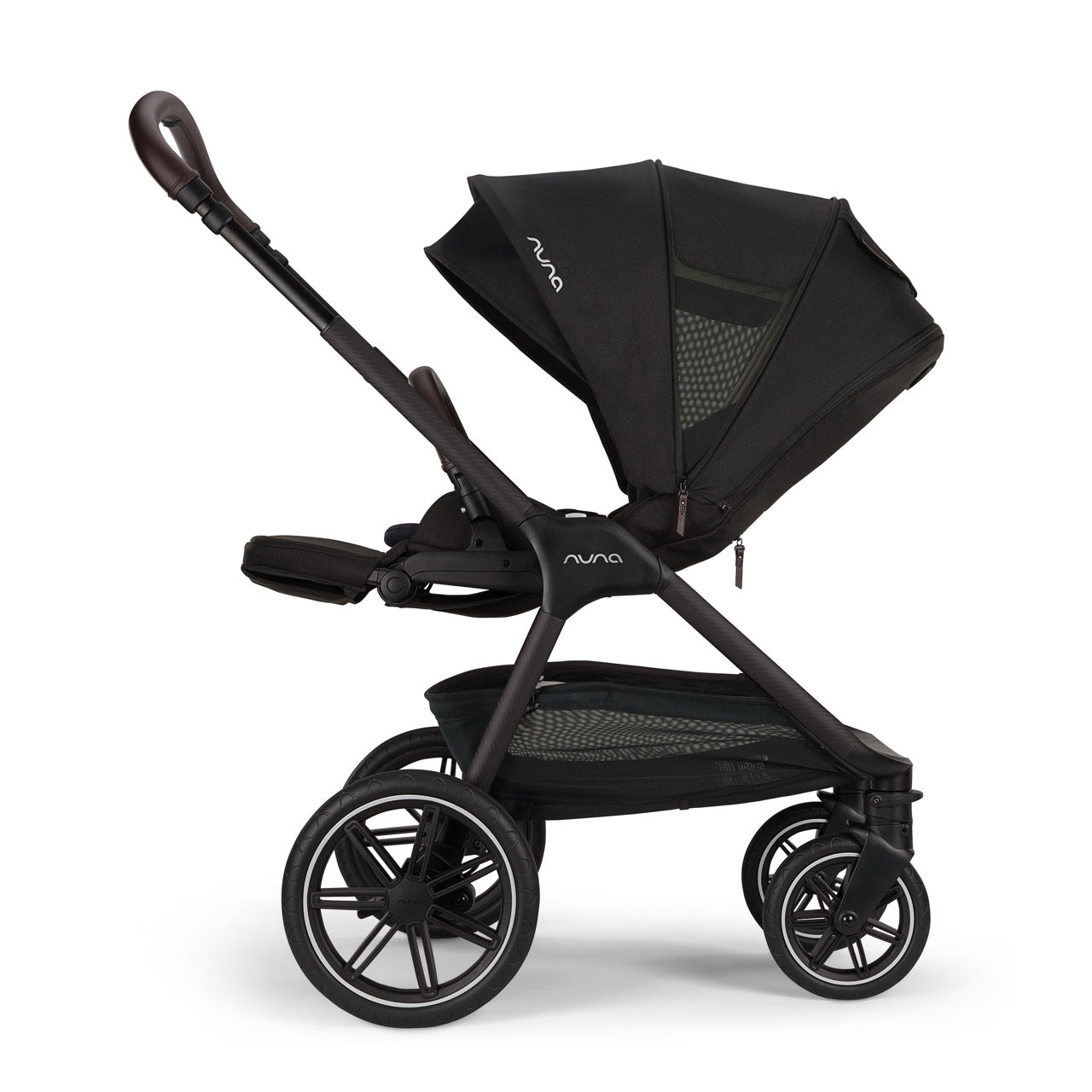 Nuna black stroller with canopy and storage basket