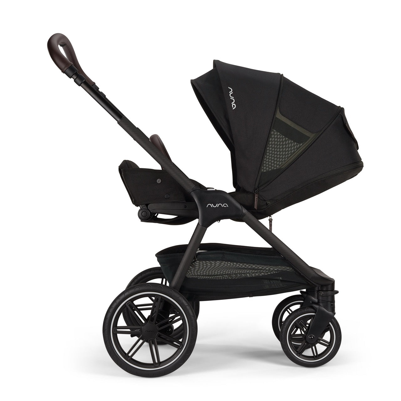 Nuna black stroller with canopy and storage basket