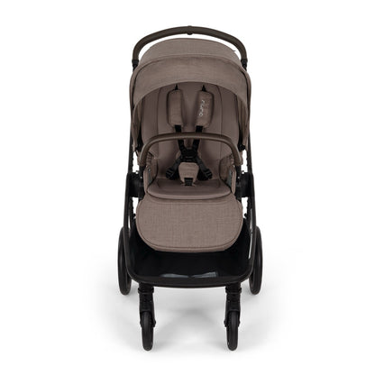 Nuna stroller in taupe with black frame and five point harness