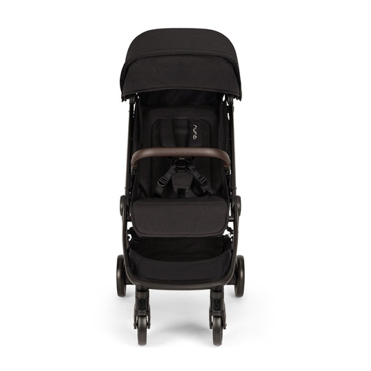 Nuna black stroller with brown leather accents