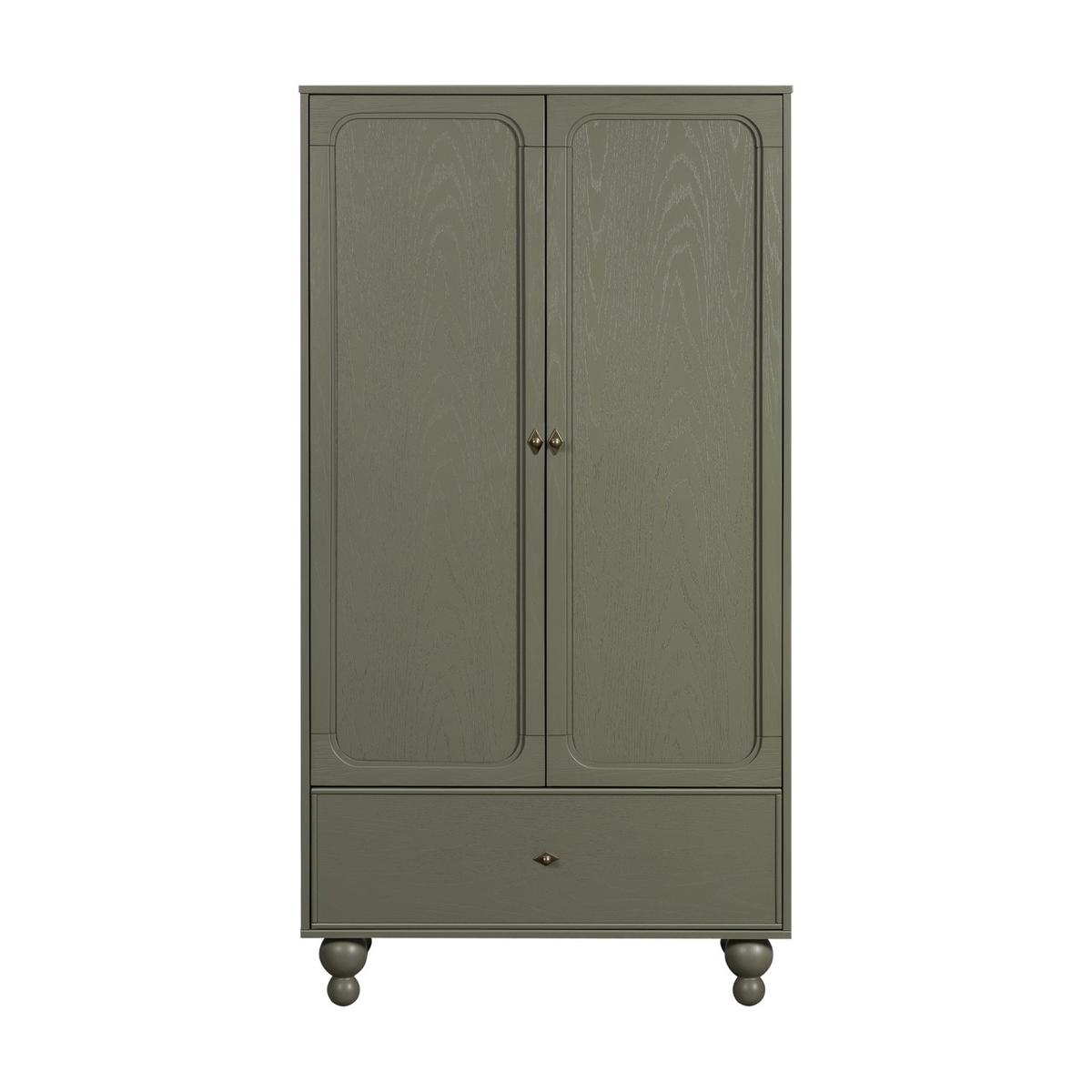 Babyletto olive green wooden wardrobe with two doors and one bottom drawer on rounded feet