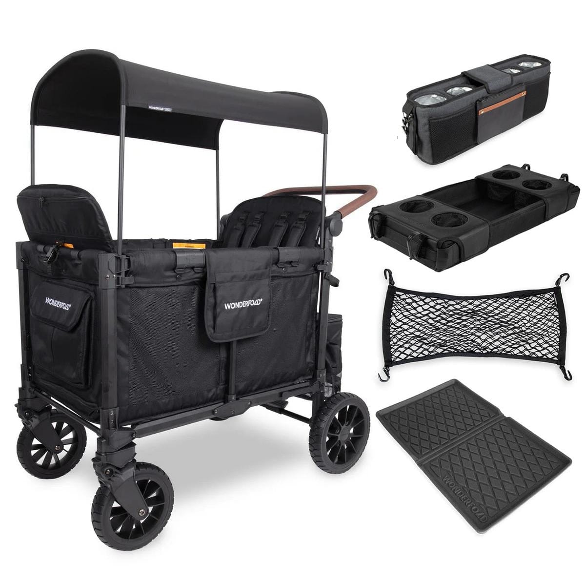 WonderFold W4 Luxe Pro (4 Seater) Stroller Wagon + Essentials Bundle - Jet Black - W4LUXP-JBLK-ACC-BNDL