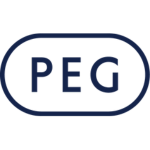 Dark blue stylized oval containing the letters "PEG" in block font, against a dark teal background.
