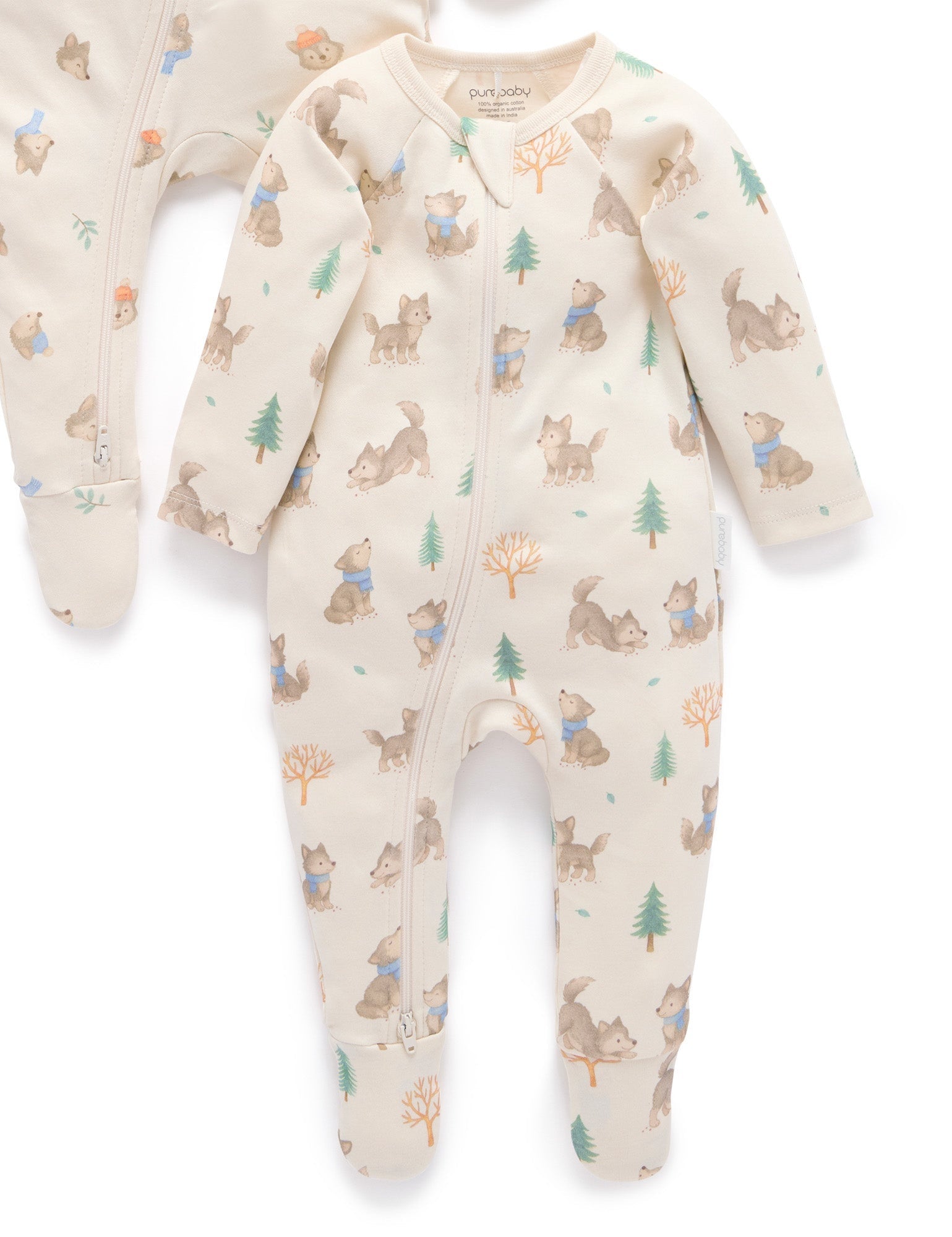 Purebaby 2 Pack Zip Growsuit - Wolf Cub Print, 0-3M - Image 4