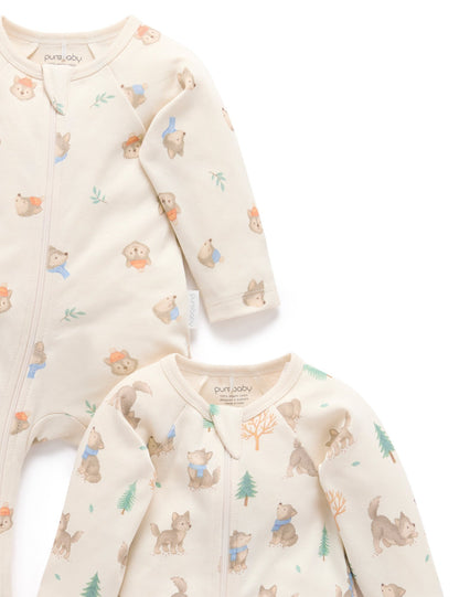 Purebaby 2 Pack Zip Growsuit - Wolf Cub Print, 0-3M - Image 5