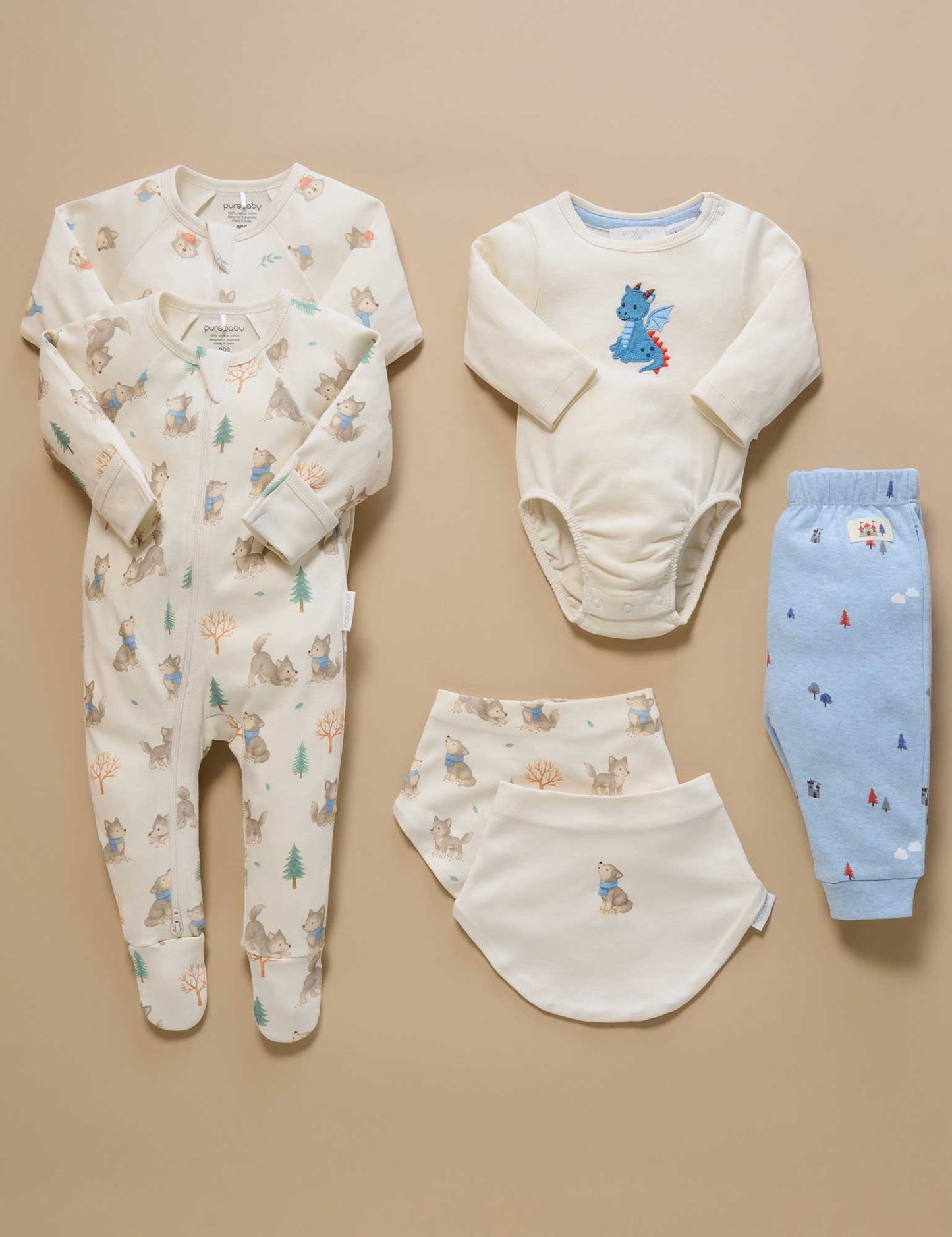 Purebaby 2 Pack Zip Growsuit - Wolf Cub Print, 0-3M - Image 6
