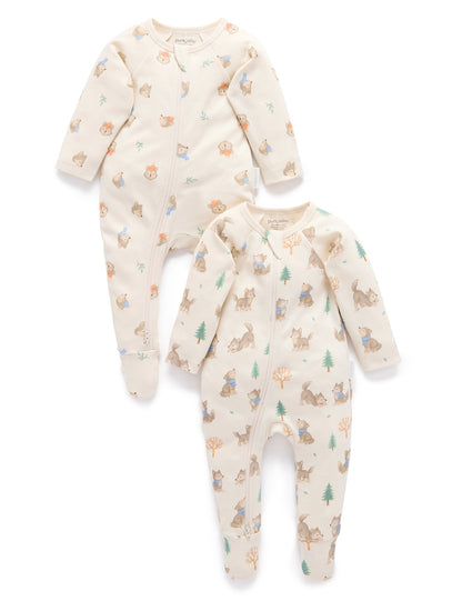 Purebaby 2 Pack Zip Growsuit - Wolf Cub Print, 0-3M